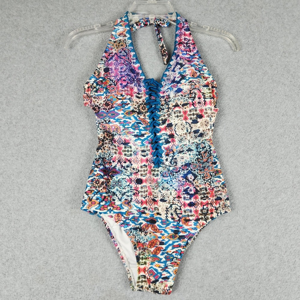 Ashley Graham For All Swimsuit Womens 8 Multi Patterned One Piece Lace-Up Halter